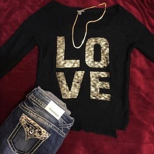 Charlotte Russe Love Sweater Size Medium Black Scoop Neck Knit Pullover EUC